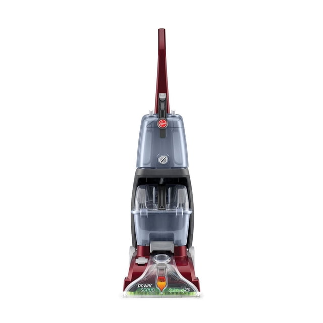 HOOVER Power Scrub Deluxe Carpet Cleaner upright front view featuring red handle and base, clear Smart Tank system for spill-free filling and emptying, SpinScrub 360-degree brush system, Dual V nozzle, and forced heated air for faster drying, ideal for carpets, upholstery, and stairs.