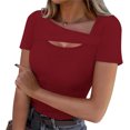 thumbnail image 2 of Lenpel T Shirts for Women Fashion Summer Short Sleeve Cutout Ribbed Knit Solid Color Slim Basic Tees Going out Tops, 2 of 7