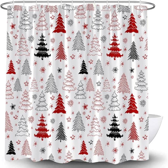 Christmas Tree Shower Curtain Red Black Grey Xmas Tree Retro Christmas Tree Snowflake Merry Christmas Pine Pattern New Year Rustic Winter Holiday Fabric Bath Curtain Set with Hook