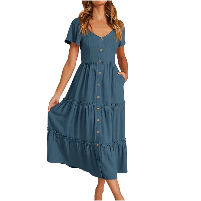 Robes pour Femmes 2024 Été Oversize Décontractée à Manches Courtes Boutonnée Col en V à Étages Ligne A Fluide Robe Midi de Plage avec Poches Rabais de 50 % Liquidation!