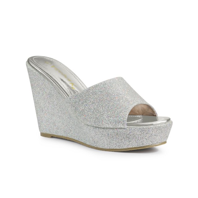BLISSFUL STEP Sandales à Talon Compensé à Paillettes pour Femmes, Mules à Plateforme à Bout Ouvert Argent 5,5