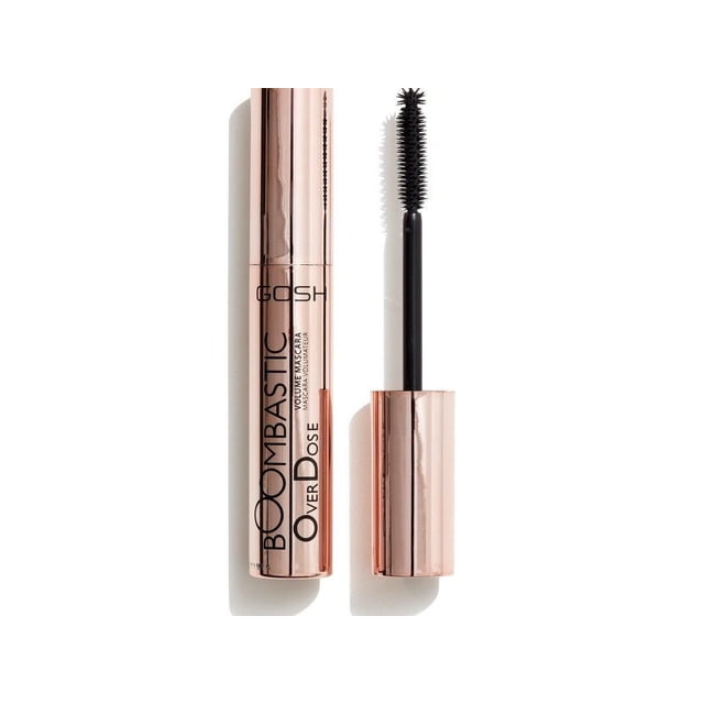 GOSH - Boombastic Overdose Mascara with a reflective rose gold tube and a black rubber brush wand featuring dense bristles for volumizing lashes, shown with the cap removed on a white background, ideal for achieving defined, long-lasting eye makeup.