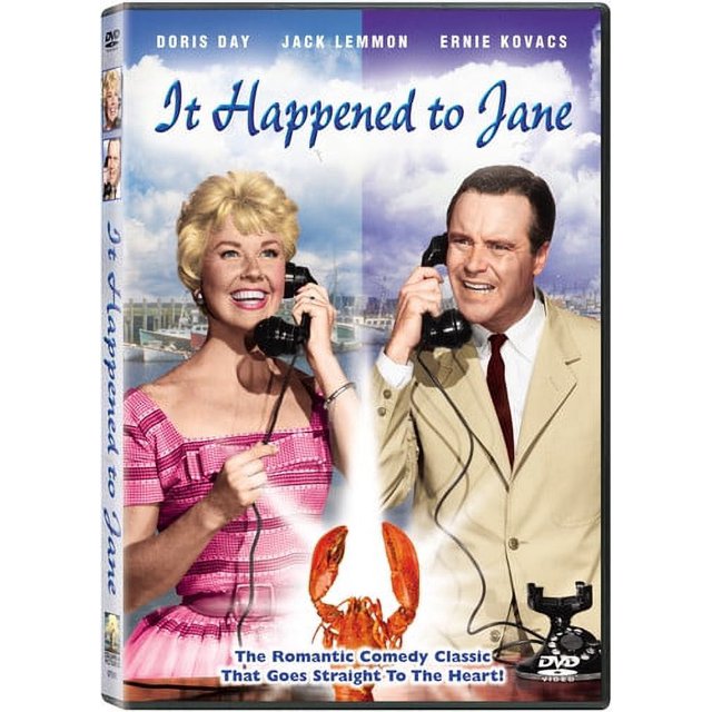 The cover of the DVD 'It Happened to Jane' subtitled and widescreen, featuring Doris Day and Jack Lemmon holding vintage telephones. A lobster illustration is centered below the title. The tagline reads, 'The Romantic Comedy Classic That Goes Straight To The Heart!' Released by Sony Pictures in 2005. Categorized as a comedy and western film.
