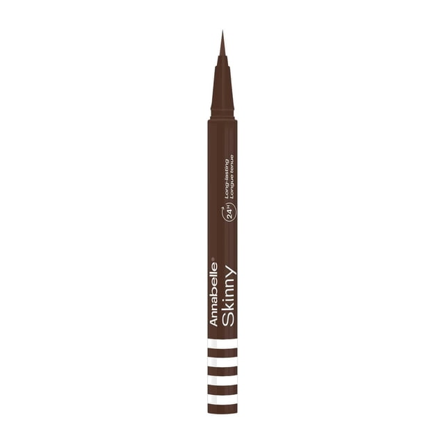 Annabelle Skinny Multi-Use Liquid Liner in brown with a slim pen design and precise fine brush tip, featuring white branding and stripes on the brown barrel, offering smooth, long-lasting pigmentation ideal for eyes and body application.