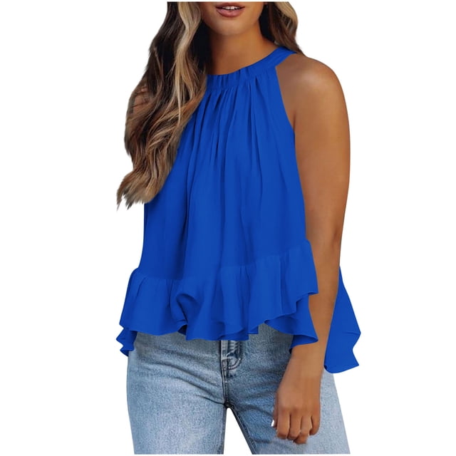 Weiqiqre Women's Clothing Adjustable Tie Neckline Ruffle Hem Sleeveless Flowy Halter Tops