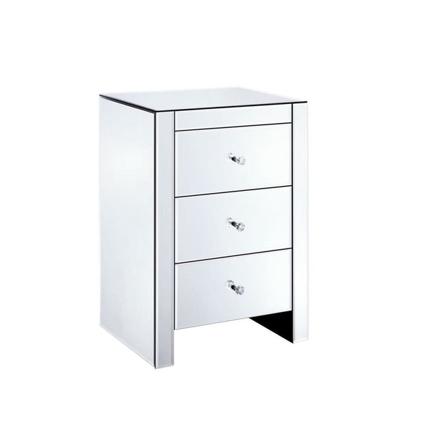 Tia Nightstand with modern mirrored style, three drawers with clear crystal knobs, measuring 26" high, 18" wide, and 14" deep, shown in a front 3/4 view on a white background, suitable for bedroom storage and often used as a compact side table.