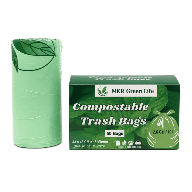 MKR Green Life Small Green Compostable Bags, 43 x 46 cm, 10 L, 50 Count. The image shows a roll of green compostable bags alongside the product packaging. The box highlights key features such as 2.6-gallon capacity, 100% compostable material made from corn starch, and suitability for small kitchen bins. Designed for municipal and commercial composting, these bags help reduce leaks and odours while keeping bins clean.