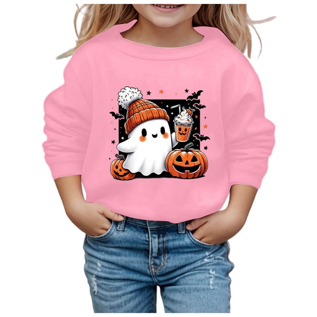 GDREDA Chandails à Capuchon et Chandails pour Filles, Mignons, Imprimés, Col Rond, Manches Longues, Mode Halloween pour Enfants, Rose, 2-3 Ans