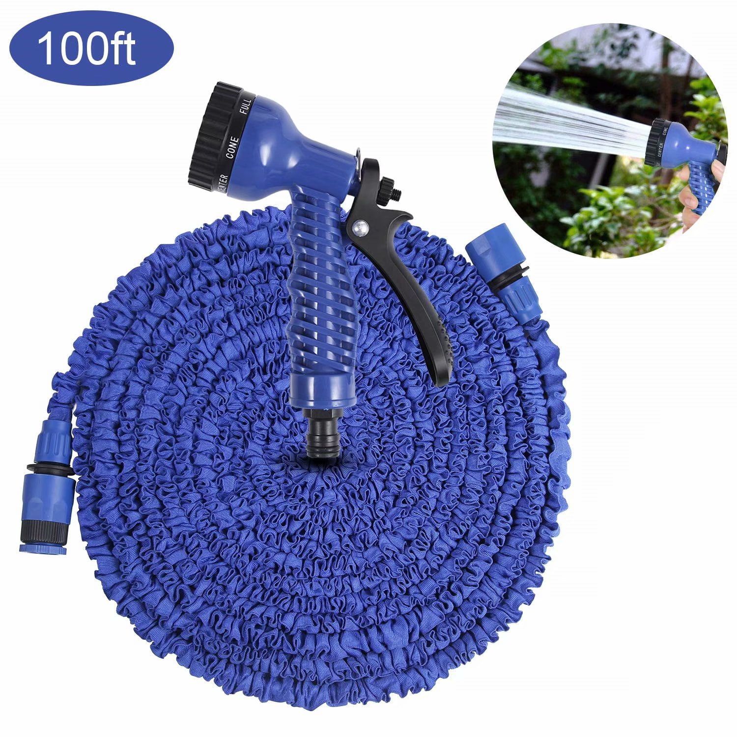 Garden Hose, 100ft Magic Lightweight Expandable Garden Hose with Water Hose Quick Connector, Extra Strength Fabric Protection Hose for All Your Watering Needs Blue