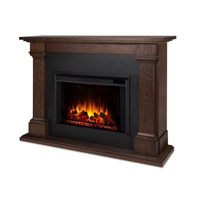 Callaway 63" Grand Electric Fireplace in chestnut oak finish with classic mantel and detailed columns, featuring a black firebox with vivid LED flames and realistic logs, offering supplemental heat and programmable thermostat for rooms up to 1,000 sq ft.