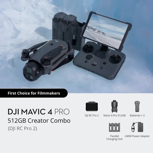 DJI Mavic 4 Pro drone Combo Creator 512 Go avec Boîtier Plié Gris Foncé avec Caméra Hasselblad 100MP, Placé sur la Glace à Côté de la Télécommande DJI RC Pro 2 avec Écran Rotatif de 7 Pouces Affichant une Vue de Montagne Enneigée, Trois Piles et Concentrateur de Charge Parallèle pour une Gestion de l'Alimentation Efficace.