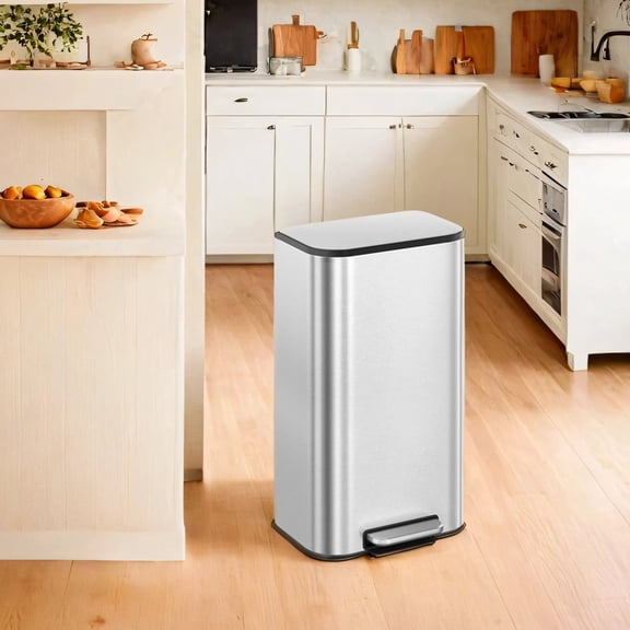 LEDREM Poubelle à Pédale de 8 Gallons, Couvercle à Fermeture Douce Qui Reste Ouvert, Seau Intérieur, Pédale Antidérapante, Bac Compact en Acier Inoxydable pour la Cuisine, Argent Métallique
