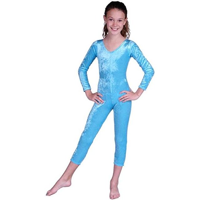 Girls Velvet Unitard, Light Blue - Medium 7-8