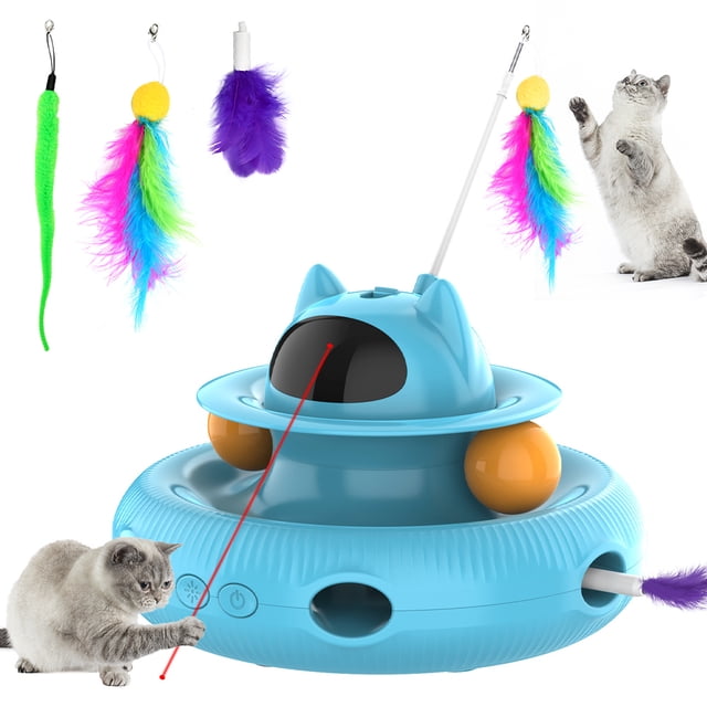 4 in 1 Indoor Interactive Cat Toy Smart Cat Feather Wand USB Rechargeable Cat Teaser in blue, designed for cats to enjoy automatic teasing modes with retractable feather wand, random rotation, and built-in laser module. Features include USB charging, multiple feather attachments, telescopic rod, and random feather protrusions to keep cats engaged. Compact and cat-shaped design enhances playtime.