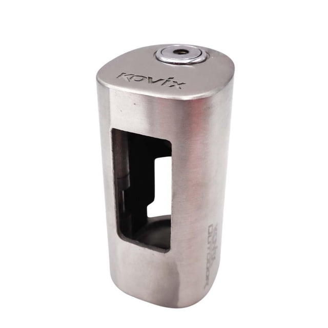 Kovix Outboard Motor Boat Stainless Steel Hi-Security Locking System with a brushed stainless steel cylindrical body and rectangular cutout to enclose clamp bolts, designed to secure outboard motors up to 25hp and prevent theft, includes set of 3 keys and serial number tag.