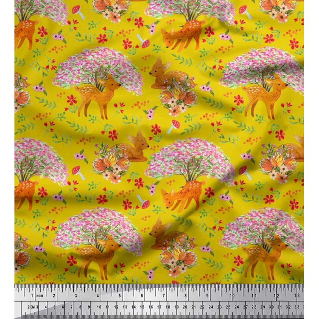 Soimoi Modal Satin Fabric Tree,Floral & Deer Animal Print Fabric by Yard 42 Inch Wide