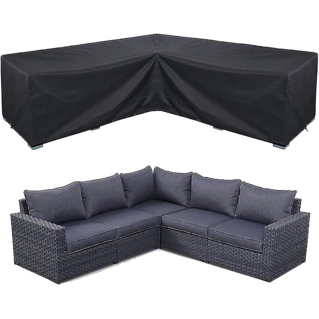Housse de Sofa d'Angle Imperméable pour Ensemble de Meubles de Jardin Conçue pour les Meubles Sectionnels d'Extérieur. Fabriquée en Tissu Oxford Noir Robuste avec un Endos Laminé Résistant à l'Eau, Elle Offre une protection contre le Vent, la Pluie, les Rayons UV, la Saleté et la Poussière. la Housse en V s'Ajuste Bien au-Dessus des sofas Sectionnels de patio et Comprend des Sangles Coupe-Vent pour une installation Sécurisée. Facile à Nettoyer avec un Essuyage et Livrée avec un Sac de Rangement pour Plus de Commodité.