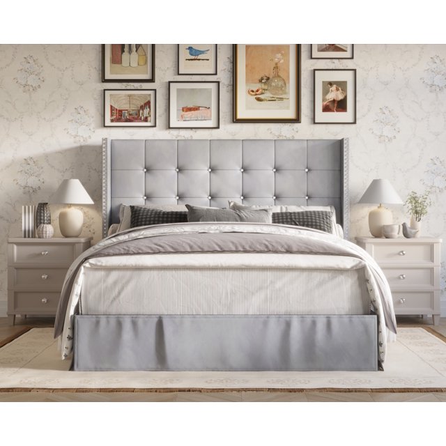 HMD Lit Plateforme Rembourré Capitonné Wilie Grand, Gris Argenté