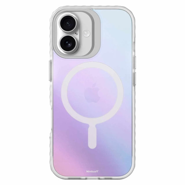 Nimbus9 Stratus 2 MagSafe Case Frost for iPhone 17 with a translucent frosted back displaying a purple to blue gradient, a white MagSafe alignment ring, raised camera cutout for dual lenses, and ergonomic ridges for a secure grip, providing 20ft drop protection and MagSafe compatibility, also featuring an integrated kickstand for hands-free use.