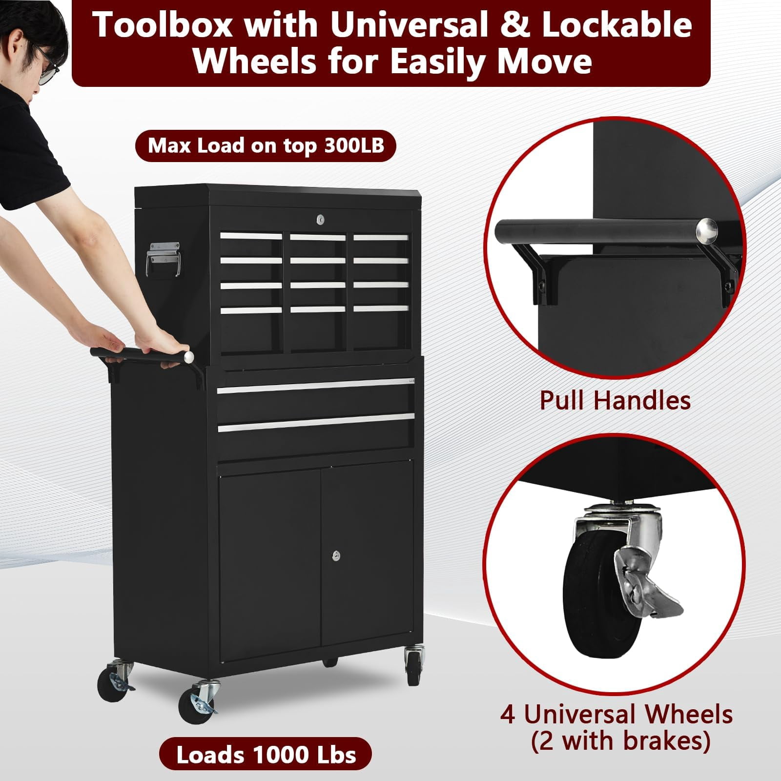 GloryStar 8-Drawer Tool Chest, Tool Box Organizer w/Lockable Wheels & Detachable Top & Adjustable Shelf, Toolbox for Workshop Garage