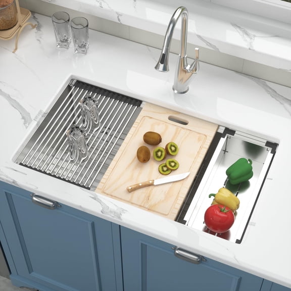 GhomeG Évier de Cuisine Encastré sous le Comptoir en Acier Inoxydable 33x19 à Rebord 16 Gauge, Bol Simple, avec Coins Arrondis - 33x19x9 Inch