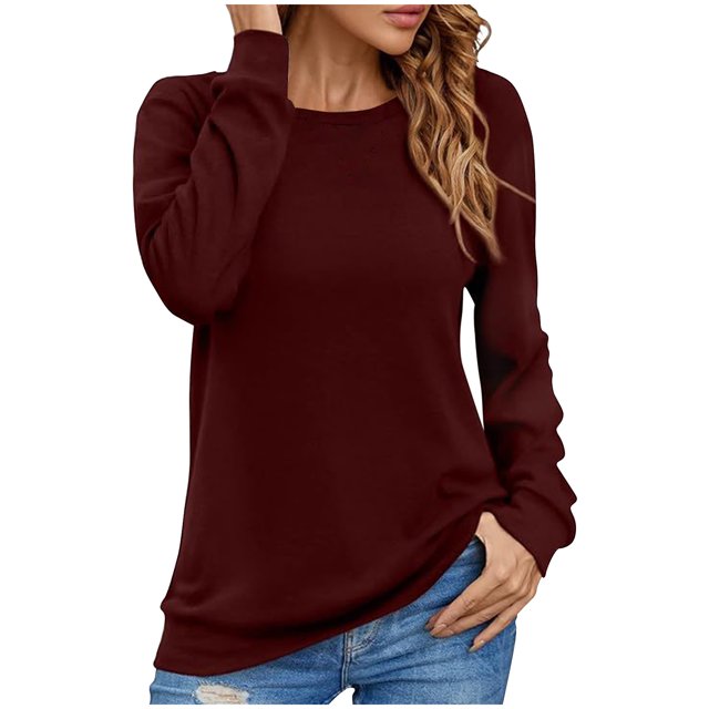 FAIWAD Womens Spring Tunics Tops Long Sleeve Round Neck Loose Casual Pullover Tops Basic Solid Color Tops