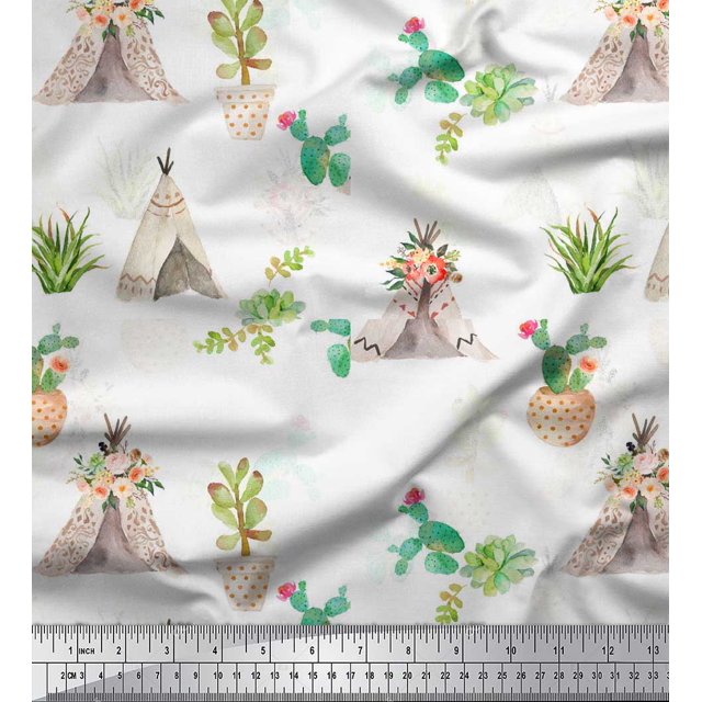 Soimoi White Rayon Crepe Fabric Cactus With Conical Pot Tree Print Sewing Fabric Yard 46 Inch Wide
