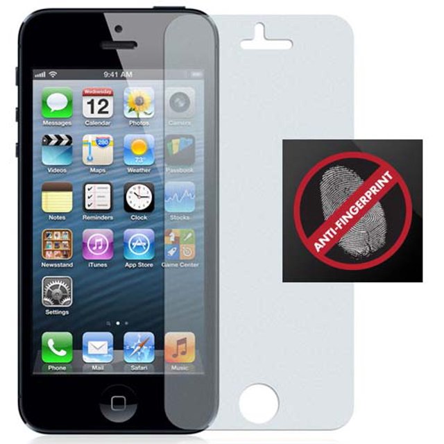 2 Protecteurs d'Écran Antireflet à Empreinte Digitale Conçus pour iPhone 5, 5s et SE (Édition 2016). l'Image Montre un Protecteur d'Écran Clair à Fini Mat Partiellement Appliqué à un iPhone, avec une Superposition d'Icône Rouge Anti-Empreintes Digitales. les Protecteurs Sont Ajustés sur Mesure, Résistants aux Rayures, et Incluent un Chiffon de Nettoyage en Microfibre pour une installation à Séchage Facile.