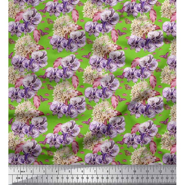 Soimoi Satin Silk Fabric Insect,Pansy & Yellow Flower Floral Print Fabric by the Yard 42 Inch Wide