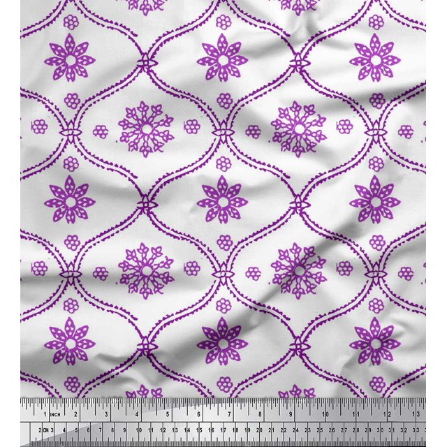 Soimoi Purple Poly Georgette Fabric Ogee Damask & Floral Block Printed Craft Fabric by the Yard 52 Inch Wide