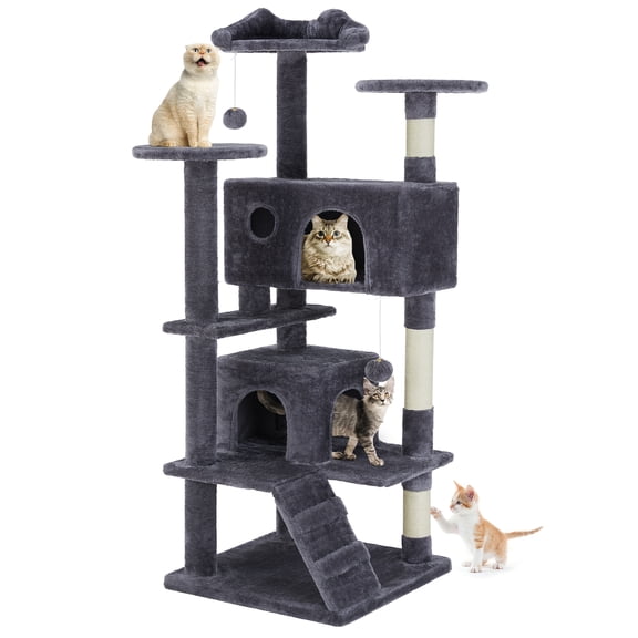 edx 54" Cat Tree Tower, Multi-Level Pet Indoor Furniture with Scratching Post, Large Condo, Climbing Ramp for Kitten, Dark Grey