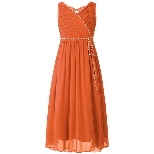 TTAO Robe en Chiffon Sans Manches Col en V Perles Mariage Demoiselle d'Honneur Soirée Bal Formel Orange 14