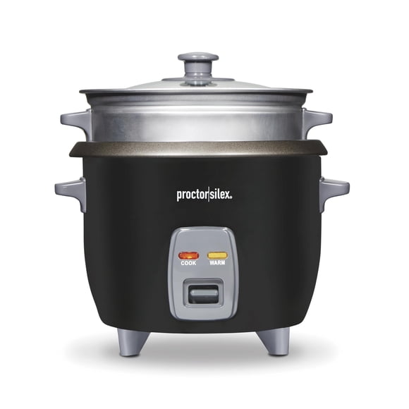 Proctor Silex Rice Cooker & Food Steamer, 6 Cups Cooked (3 Cups Uncooked), Includes Steam and Rinsing Basket, Black (37510)