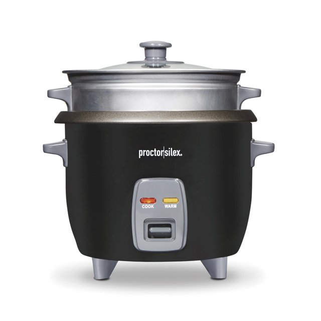 Proctor Silex Rice Cooker & Food Steamer, 6 Cups Cooked (3 Cups Uncooked), Includes Steam and Rinsing Basket, Black (37510)