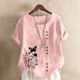 thumbnail image 2 of Pisexur Hauts pour Femmes Décontractés en Lin Col Rond Grande Taille Imprimé Manches Courtes T-shirt Blouse, Hauts d'Été pour Femmes Rose,P, 2 of 5