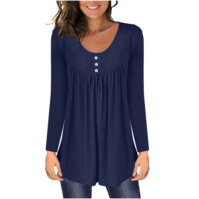 FAIWAD Tunique Basique pour Femmes Manches Longues Col Rond Blouse Boutonnée Décontractée Plissée Ample