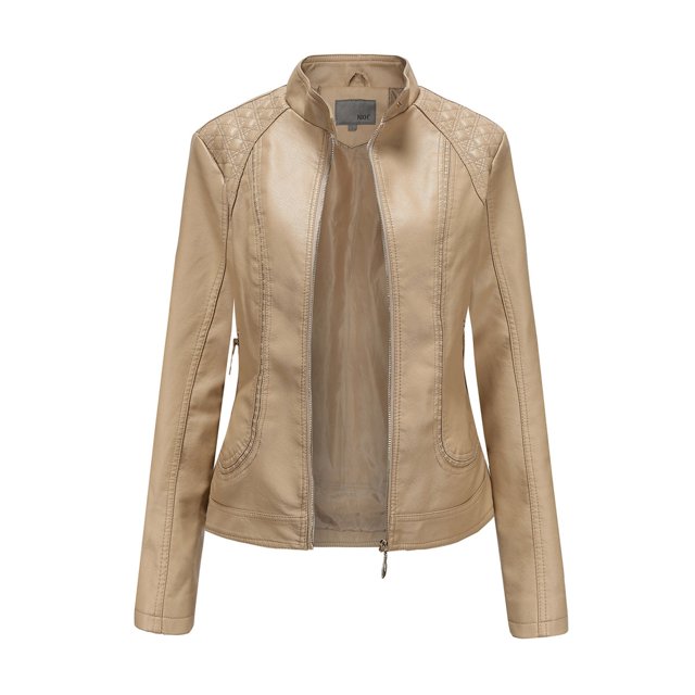 Veste de Moto en Cuir pour Femmes Col Montant Ajustée avec Fermeture Éclair