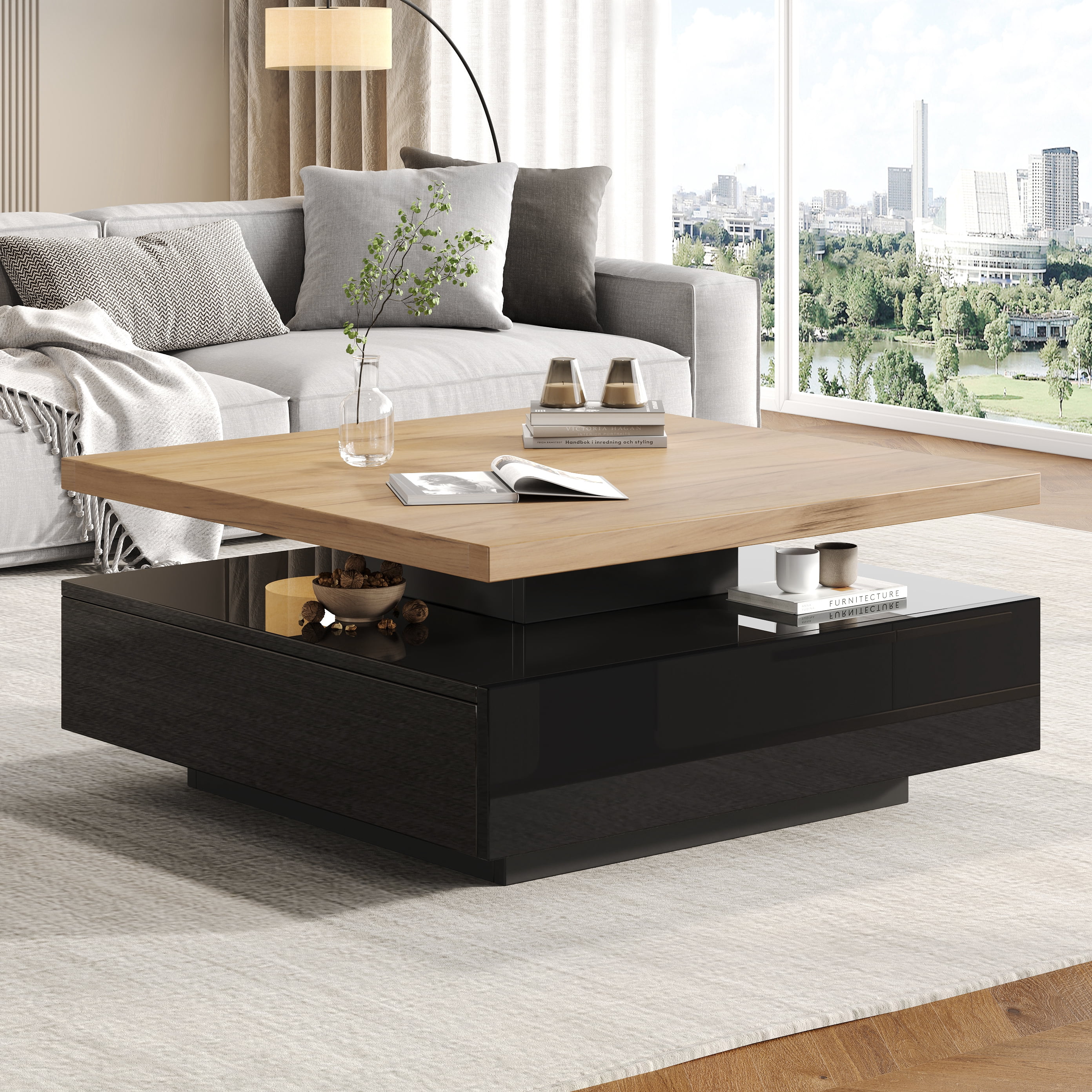 Table basse carrée pivotante Noble House, plateau brillant pivotant à 360°, noire