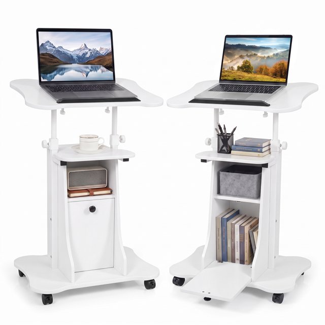 Costway 2 PCS Mobile Podium Stand Office Laptop Cart with Storage Adjustable Height White