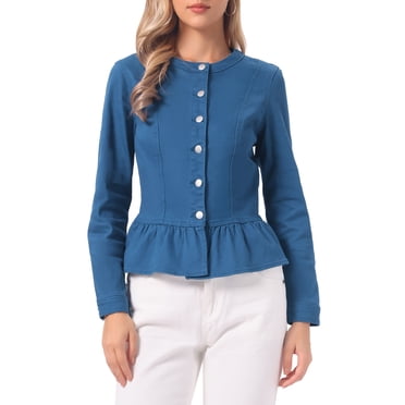 INSPIRE CHIC Vestes en Denim pour Femmes à Boutons Ourlet Péplum Manches Longues Vestes en Jean Courtes Bleu Paon TP