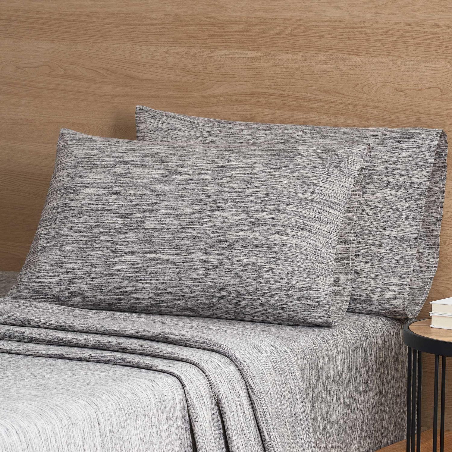 Mainstays – Parure de lit en jersey extra doux, enrichi en coton, pour adulte, Queen, couleur Gris Spacedyed, 4 pièces