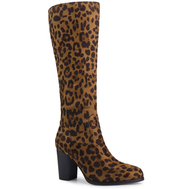 Unique Bargains Bottes Hauteur Genou à Bout Rond à Talon Bloc pour Femme Léopard US 7.5