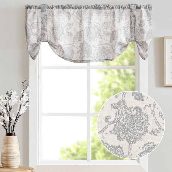 Curtainking Cantonnière Style Ferme 50x20 Pouces Gris Rustique à Motif Floral à Passe-Tringle Cantonnière Semi-Transparente à Nouer pour Cuisine 1 Panneau