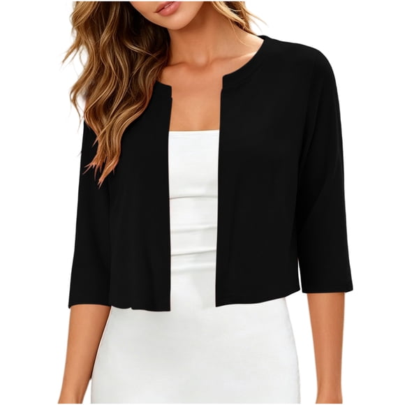 GreatBaby Womens 3/4 Sleeve Cropped Cardigan Open Front Round Neck Lightweight Layering Shrug Casual Everyday Soft Breathable Short Knit Bolero