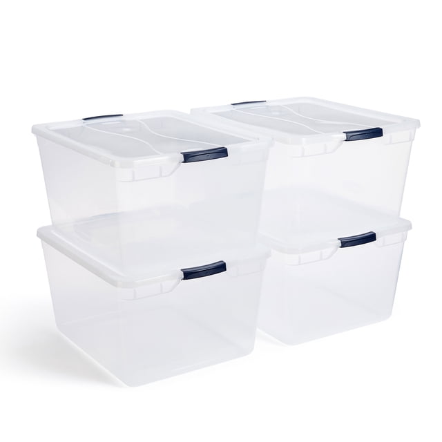 Rubbermaid Cleverstore 74 Qt Latching Plastic Storage Container & Lid (4 Pack) with clear sides and navy latches, designed for stackable storage. Perfect for organizing seasonal clothing, office supplies, holiday decorations, or shoes. Straight wall design and recessed lids maximize shelf space.