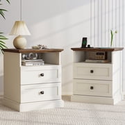 FIAKOA Night Stand Set of 2 with Charging Station, Bedside Table with 2 Drawers Storage and Open Shelf, White Farmhouse Nightstands  for Bedroom Office