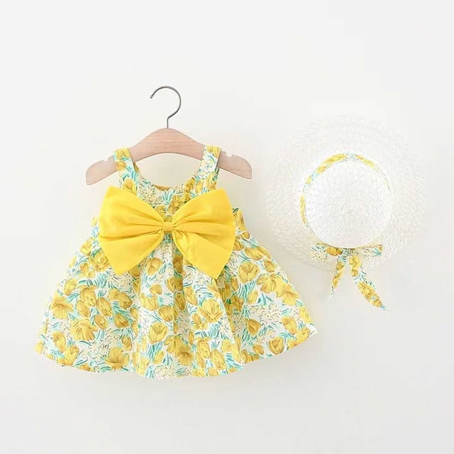 Robes pour Bébé Robe Tutu pour Fillette Robe d'Été Sans Manches pour Filles avec Chapeaux Ensemble 2 Pcs Robe de Printemps pour Fillette 3-4 Ans