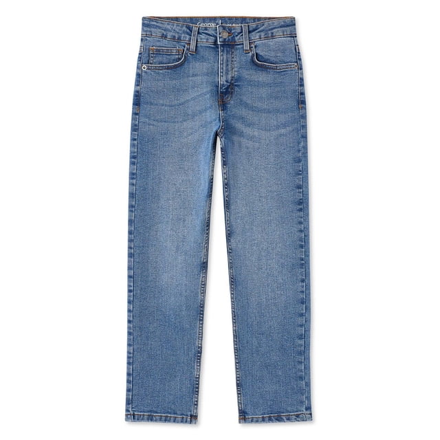 George Boys' Slim Denim in medium blue wash with slim legs, made from 99% cotton and 1% spandex for stretch and comfort, featuring a classic 5-pocket design, belt loops, and button zipper fly closure, laid flat on a white background, ideal for school or casual wear.