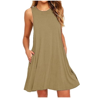 RKSTN Robes d'Été pour Femmes Sans Manches à Col Rond Couleur Unie Ample Fluide Plissée Robe Mini Décontractée Ligne A Robes de Plage avec Poches