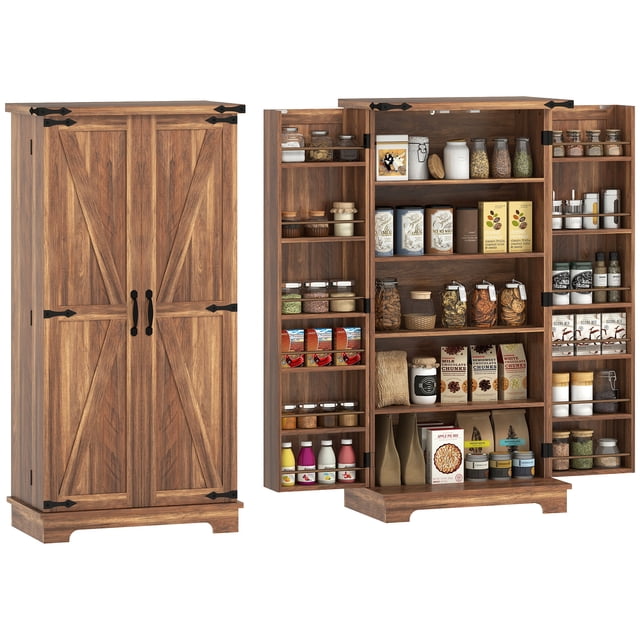 HOMCOM Armoire de Garde-Manger de Cuisine avec Tablettes Ajustables en Brun, Conçue pour le Rangement de Cuisine avec une Porte de Grange de Style Ferme et des accents Métalliques Noirs. Comprend un Intérieur à Cinq Niveaux avec Tablettes Ajustables et Deux Tablettes de Porte à Six Niveaux pour une Organisation flexible. Fabriquée en Panneau de Particules à Surface Mélaminée, Elle Mesure 23,6 Pouces de Large, 15,7 Pouces de Profondeur et 47,2 Pouces de Hauteur. Conception Anti-Basculement Assure la Sécurité, et des Loquets Magnétiques Offrent un Accès Sans Trace.